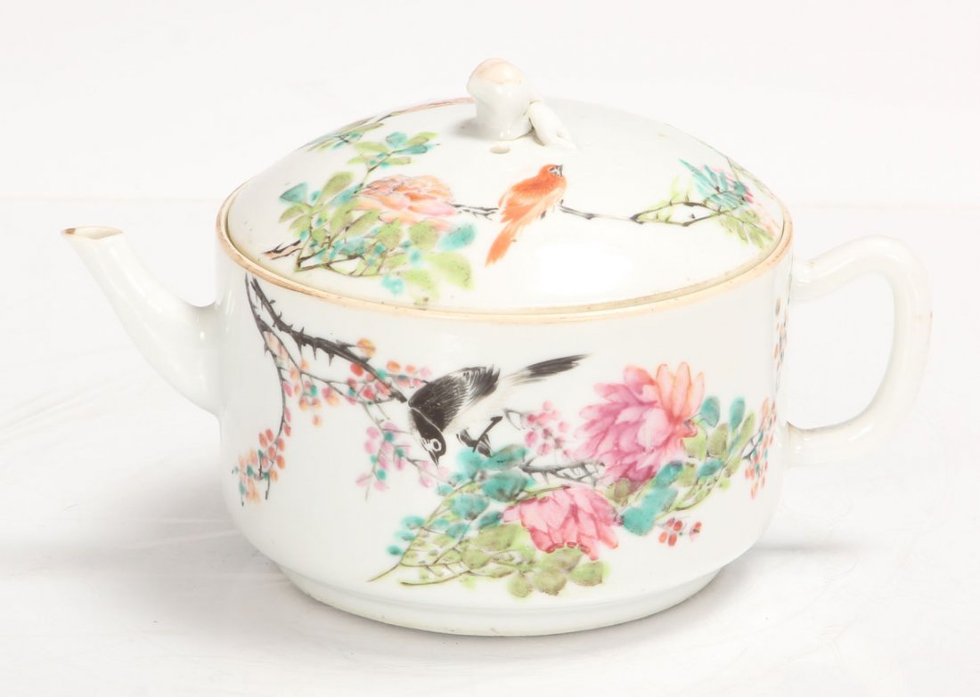 VINTAGE CHINESE PORCELAIN PAINTED TEAPOT: with stamp mark on bottom Length- 4 3/4" Condition- worn paint, chip on inside of rim