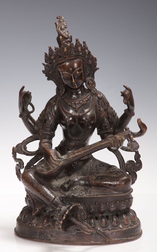 HINDU BRONZE FIGURE WITH MUSICAL INSTRUMENT: Height- 13 1/4"