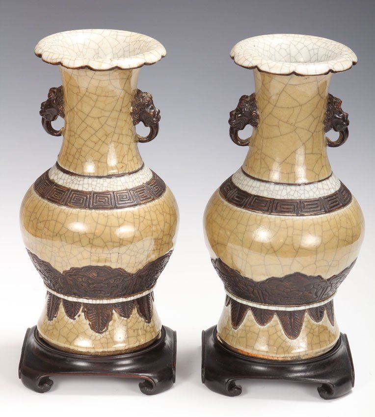 PAIR OF EARLY CHINESE PORCELAIN VASES: with stands Height of vases only- 12 1/2"