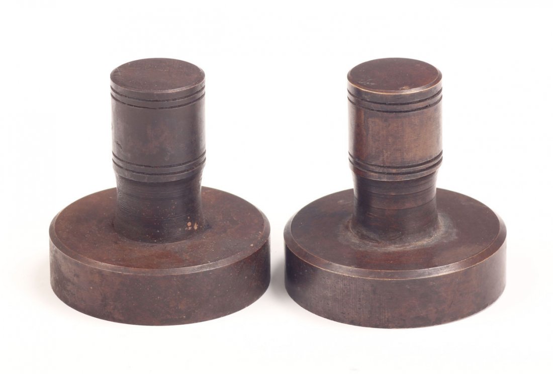 PAIR OF CAST METAL NOTE STAMPS: Hong Kong, Shanghai Height- 2 1/4"