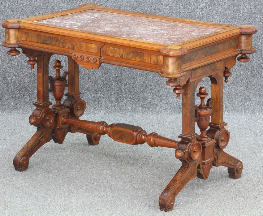 RENAISSANCE REVIVAL WALNUT MARBLE TOP TABLE: mid to late 19th century Height- 27 1/2" Top- 24 3/4" x 39"