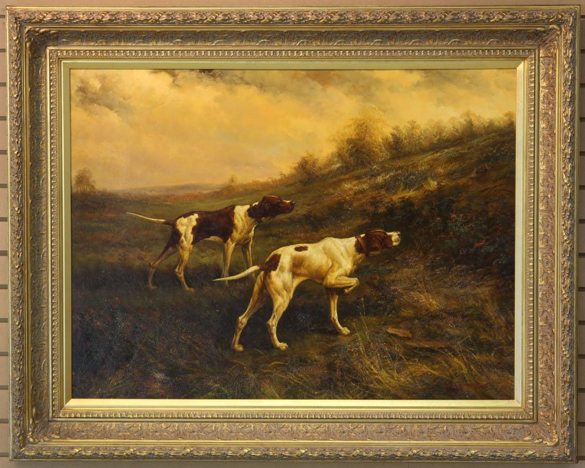 DECORATIVE OIL ON CANVAS, PORTRAIT OF HUNTING DOGS: 20th century Sight- 29" x 30" Overall- 40" x 50"