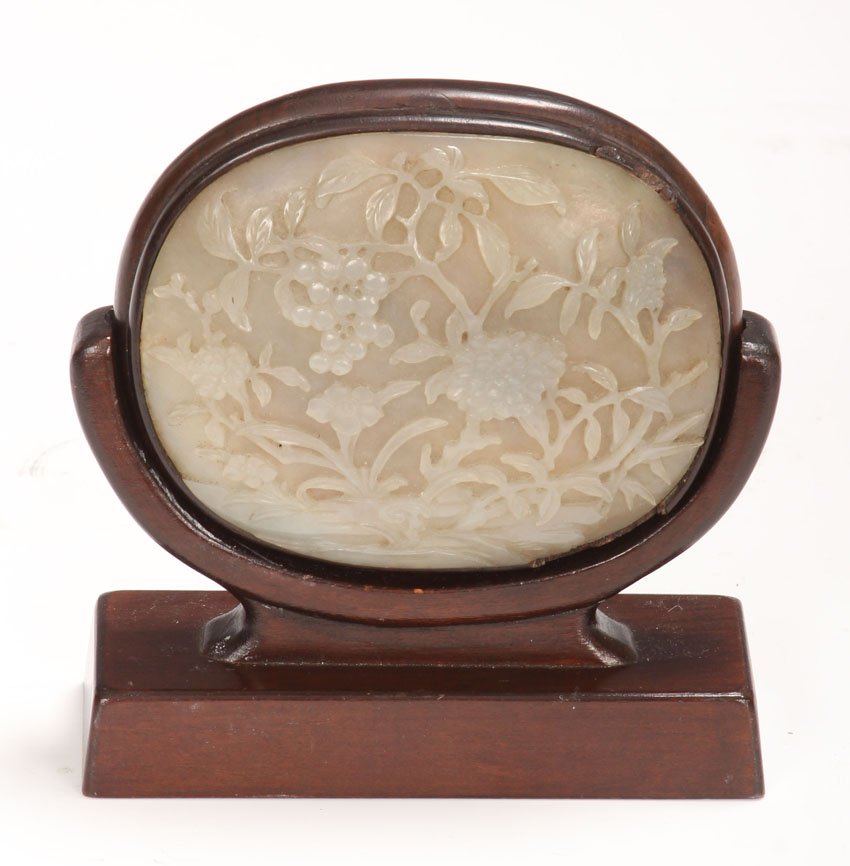 VINTAGE CHINESE WHITE JADE CARVING: jade plaque with stand Overall of jade only- 3 3/4" x 3"