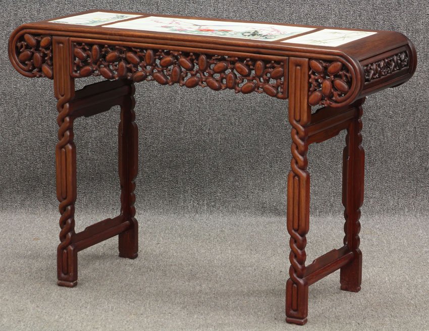EARLY CHINESE CARVED ROSEWOOD ALTAR TABLE: with (3) part painted tile top Height- 33 1/4" Tile size- 12" x 23 1/4", 6 3/4" x 12 1/4"
