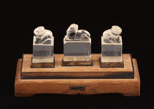 EARLY CHINESE (3) PART ROCK CRYSTAL SEALS: with stand Length of stamps- 2 3/8"Note- chip to one seal