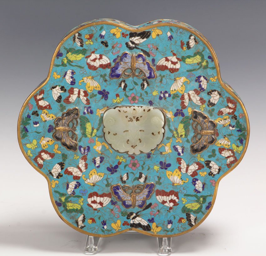 CHINESE CLOISONNE BOX WITH WHITE JADE CARVING: Enameled with butterflies early 20th century Length- 13 1/4"
