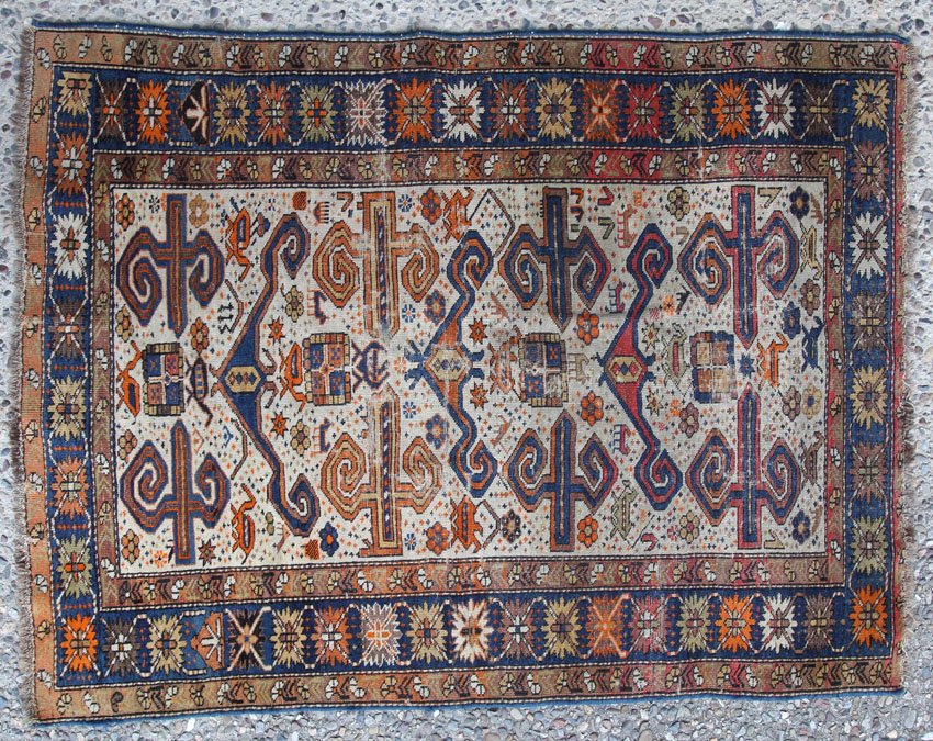 EARLY KAZAK TRIBAL CARPET: Overall- 55 1/4" Condition- some low pile