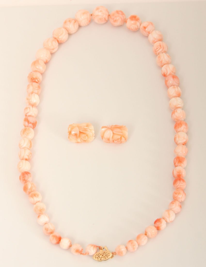 LADIES CORAL NECKLACE AND EARRINGS SET: stamped 14KT Weight- 65.6 gramsNote- necklace strand is pulled apart. May possibly snap
