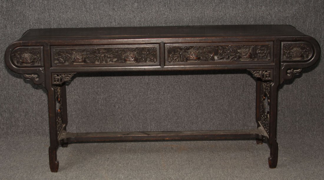 VINTAGE CHINESE CARVED SOFA TABLE: early 20th century, (2) drawers Height- 32 1/4", Length- 70 1/4"