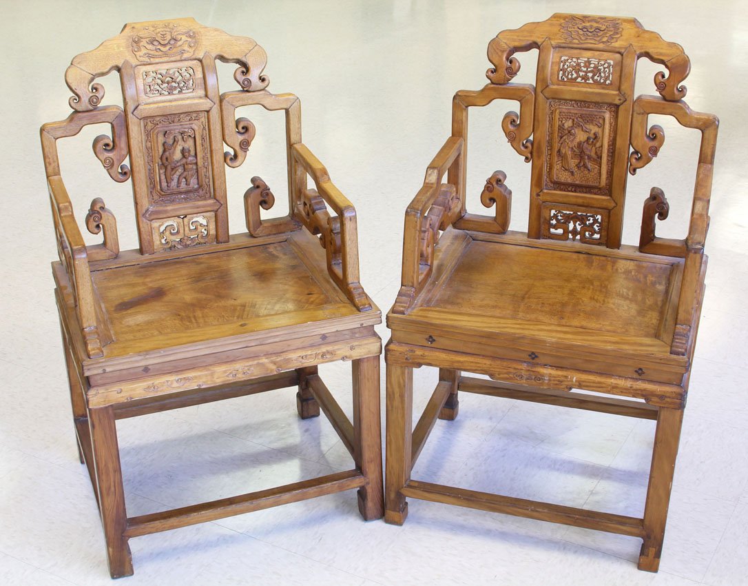 PAIR OF VINTAGE CARVED CHINESE ARM CHAIRS: Height- 39 1/2", Width- 23 1/4"