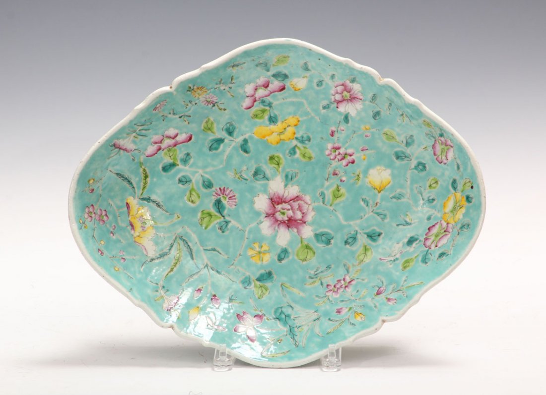 VINTAGE CHINESE PAINTED PORCELAIN DISH: Length- 16 1/4"