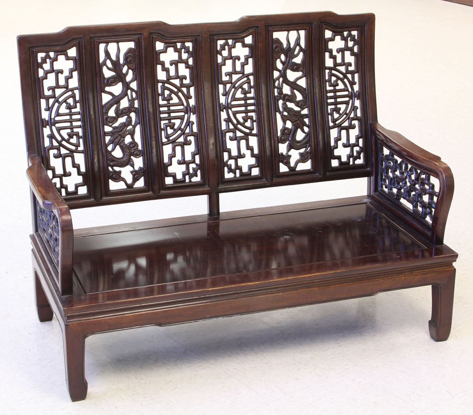 CHINESE CARVED DRAGON TEAK BENCH: 20th century Height- 37", Length- 48 3/4"