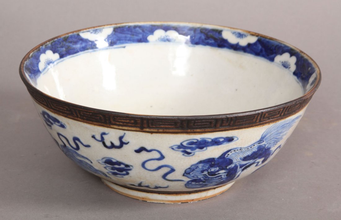 VINTAGE CHINESE BLUE AND WHITE BOWL: with four character mark Diameter- 9"