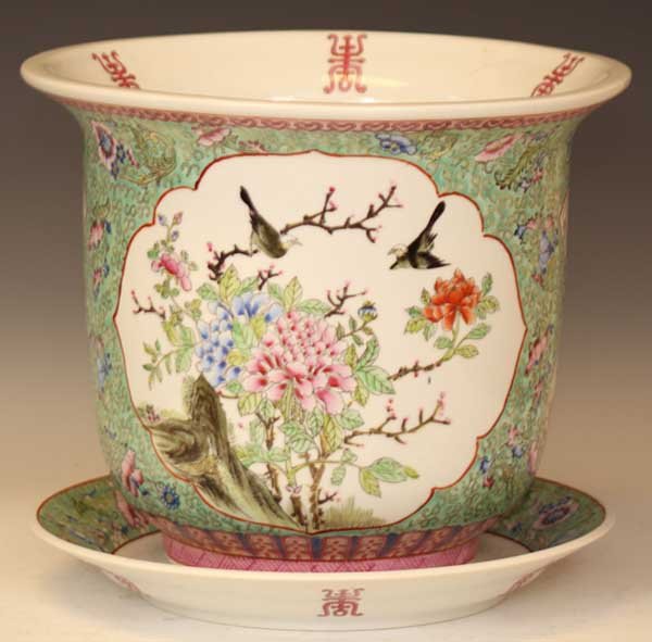 CHINESE PORCELAIN JARDINERE AND UNDERPLATE: Height of jardinere- 12 1/2"