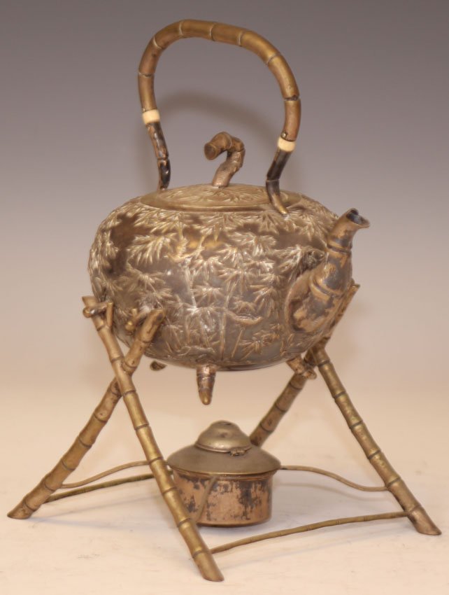 CHINESE METAL TEAPOT WITH SILVER PATINA: with marks on bottom Overall height on stand- 10 1/4" Weight- 22 troy oz. Condition- some loss to patina