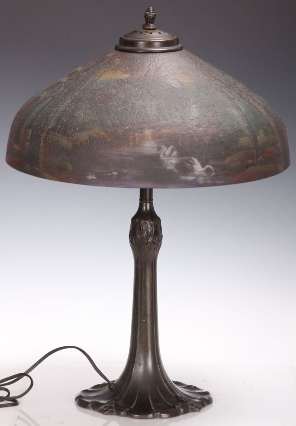 PITTSBURGH ETCHED SHADE LAMP: Diameter of shade- 16 1/4" Overall height- 22 1/2" Condition- shade is good, no chips or hairlines