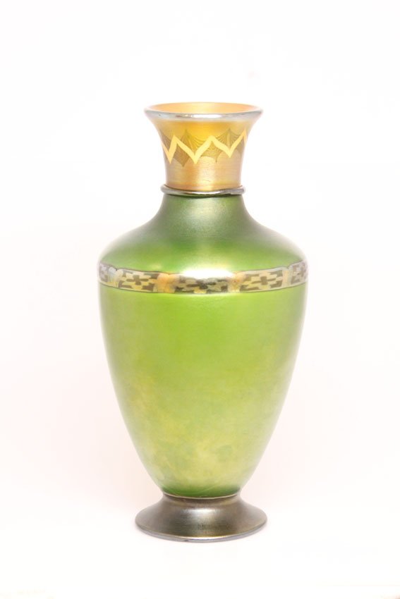 L.C. TIFFANY - FAVILLE GLASS VASE: Tel El Amarna, model #6473N Height- 8 3/4" Condition- crack on base around rim