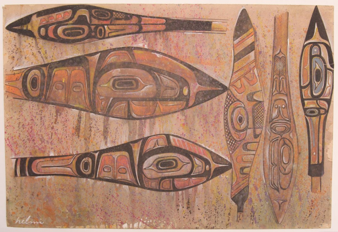 HELMI JUVONEN (1903-1985) GOUACHE ON PAPER: Tlingit paddles Sight- 14 7/8"x 22"