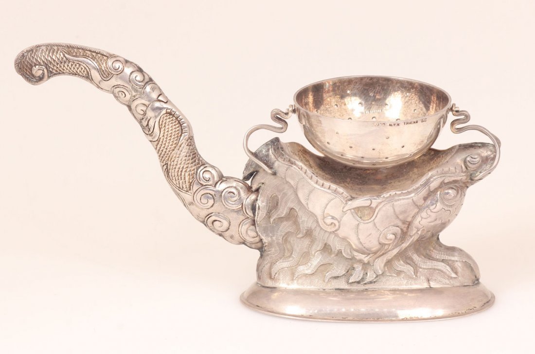 VINTAGE CHINESE SILVER TEA STRAINER: Weight- 76.3 grams Length- 5 1/4"