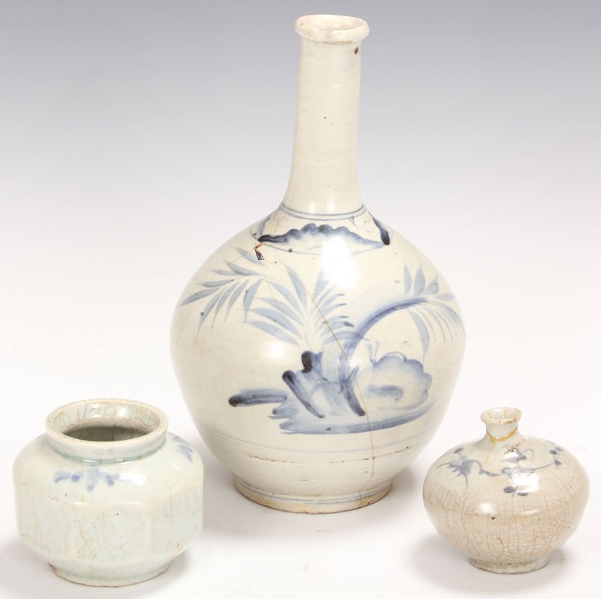 LOT OF (3) EARLY KOREAN POTTERY: Chosun Dynasty Height- 3 1/4"- 10" Condition- repairs *Private Collection
