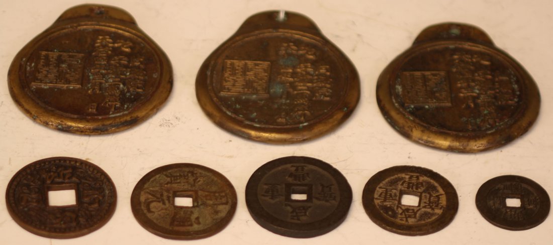LOT OF (8) CAST METAL CHINESE PLAQUES AND COINS: Lengths- 1 1/2" - 4 1/8"