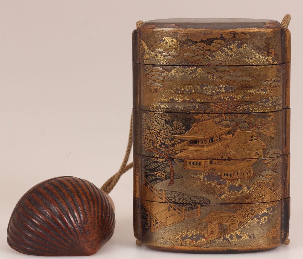 JAPANESE GOLD LACQUERED INRO, 19TH CENTURY: Length- 3 1/8"Cracks in one section