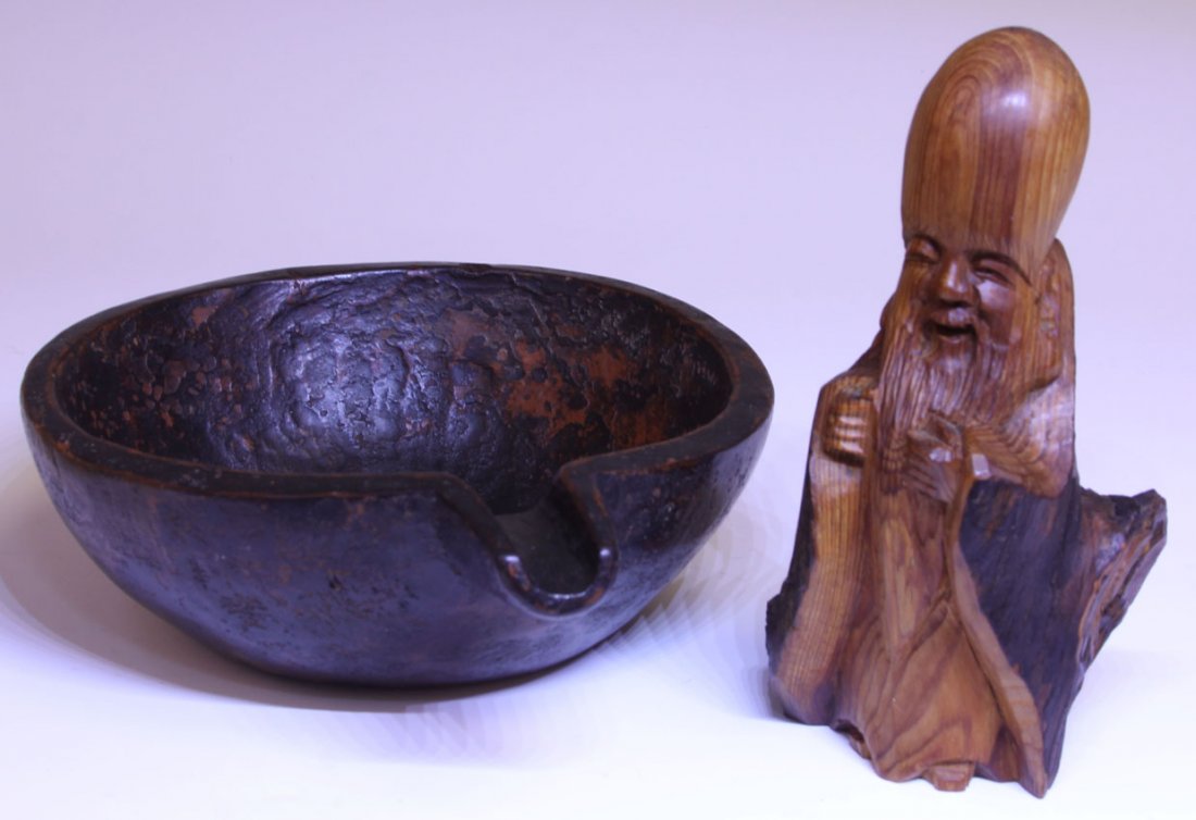 LOT OF (2) JAPANESE CARVED BOWL AND FIGURE: Height of figure- 6 3/4" Length of bowl- 9"
