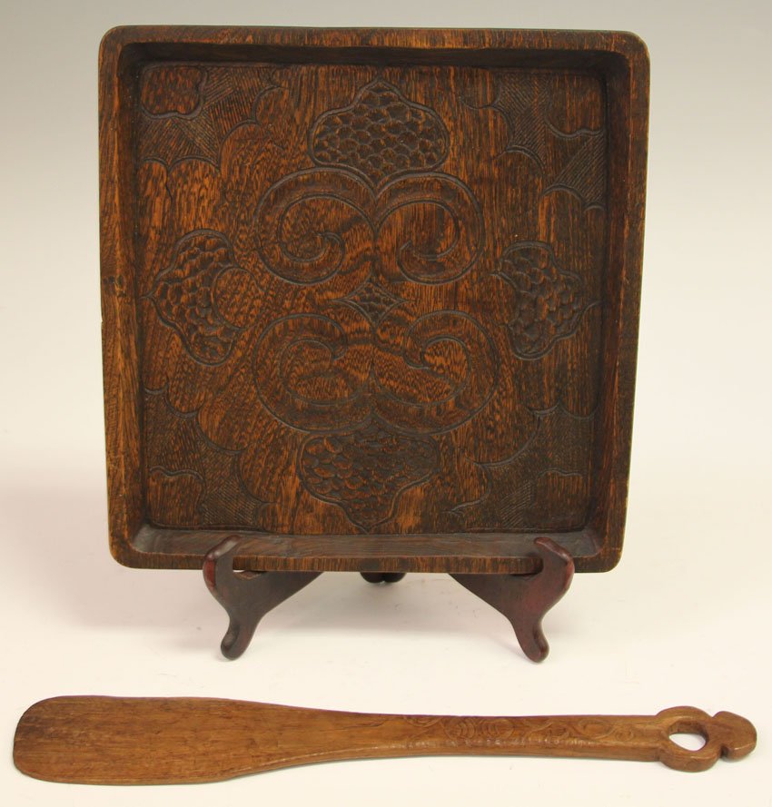 JAPANESE AINU CARVED TRAY AND RICE PADDLE: Length of rice paddle- 15 3/4" Width of tray- 12"