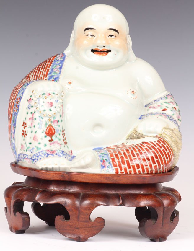 CHINESE PORCELAIN ENAMELED BUDDHA: Height of Buddha only- 10" Overall height- 14"