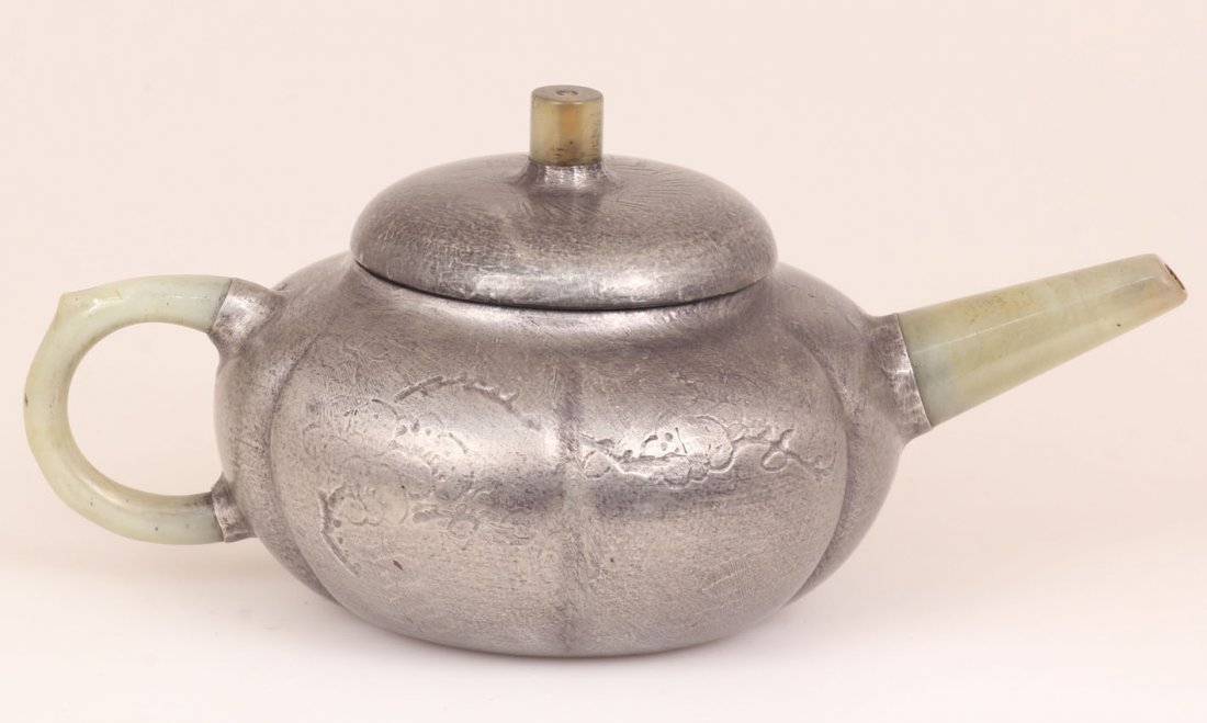 CHINESE TEAPOT WITH CARVING: Length- 7" Tested glass on green colored spout and handle