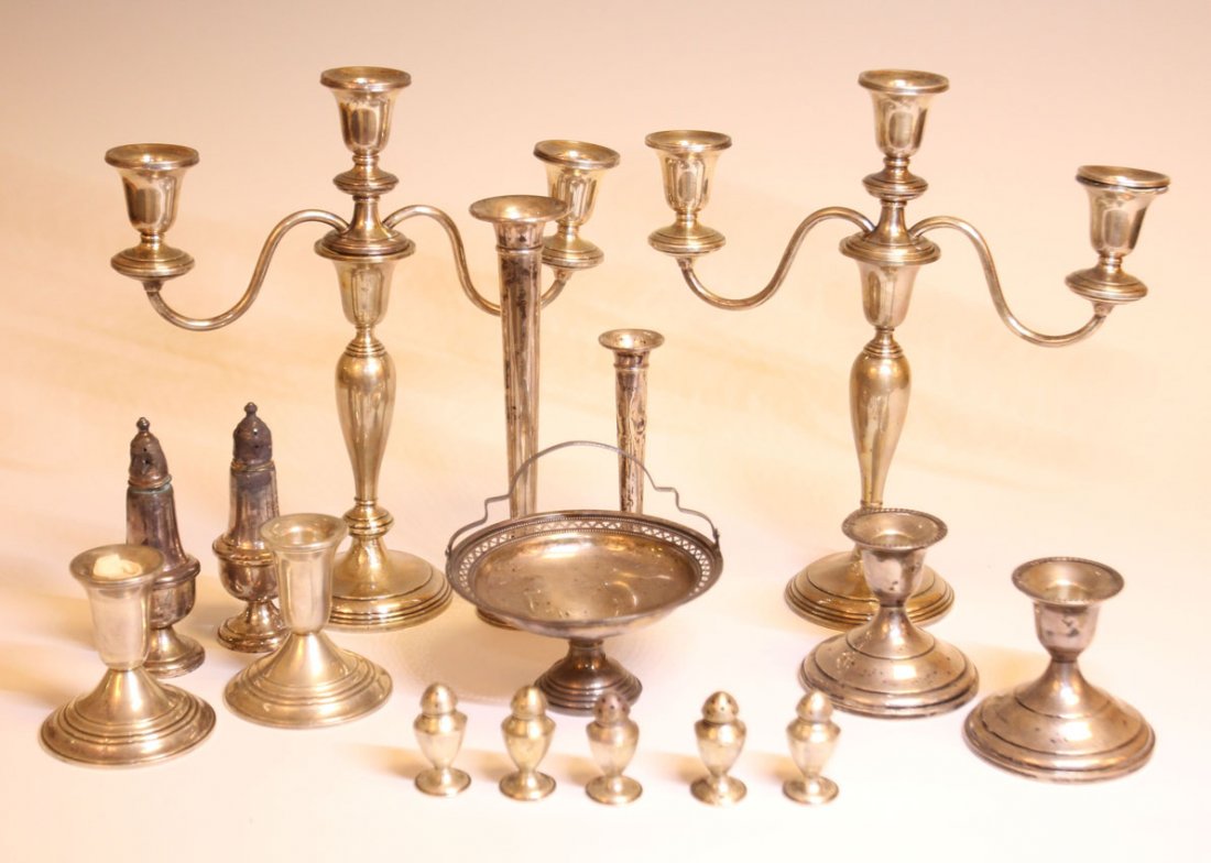 LOT OF STERLING SILVER CANDLEABRAS/SALTS: Total count- (16) pcs. Weight of salts only- 33.5 grams