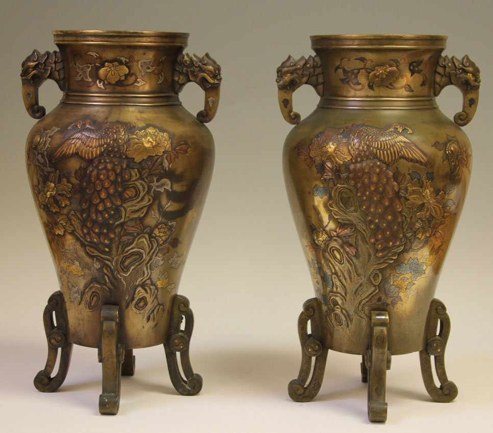 PAIR OF JAPANESE BRONZE AND MIXED METAL VASES: 19th century Height- 18"