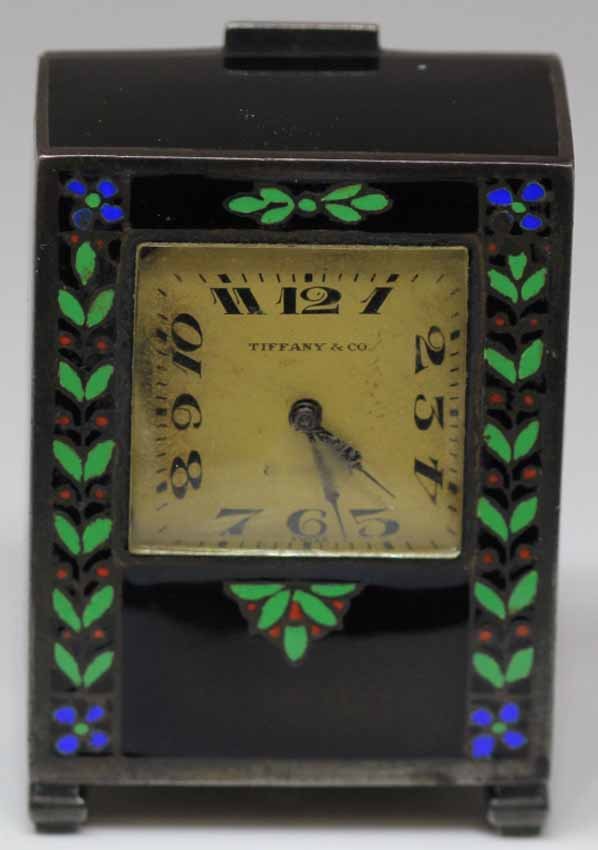 TIFFANY & CO. STERLING AND ENAMELED CLOCK: Weight- 4.38 oz.little chunk of enamel missing