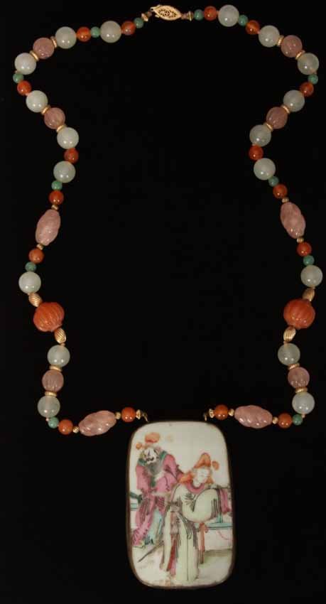 CHINESE PORCELAIN BEADED NECKLACE WITH PLAQUE: Length of plaque- 3 1/4"