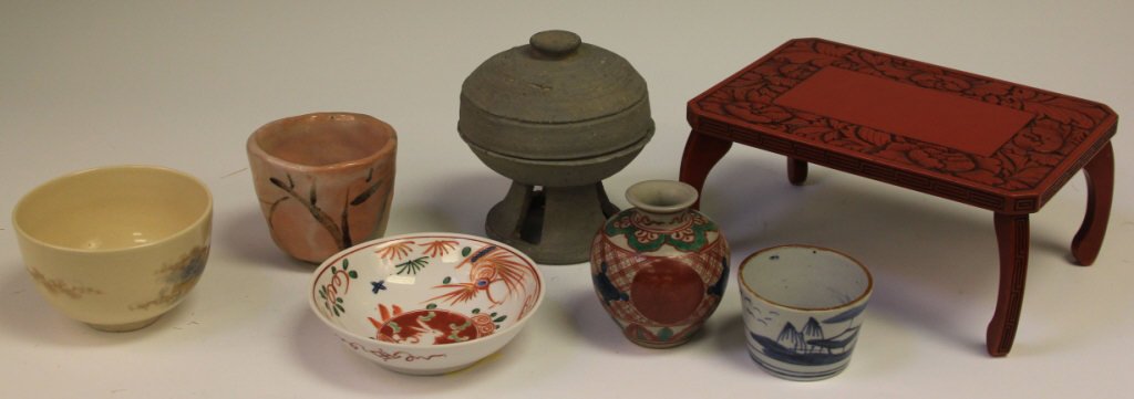 LOT OF (7) JAPANESE AND SOUTHEAST ASIAN ANTIQUES: Korean vessel, porcelains, red lacquered table