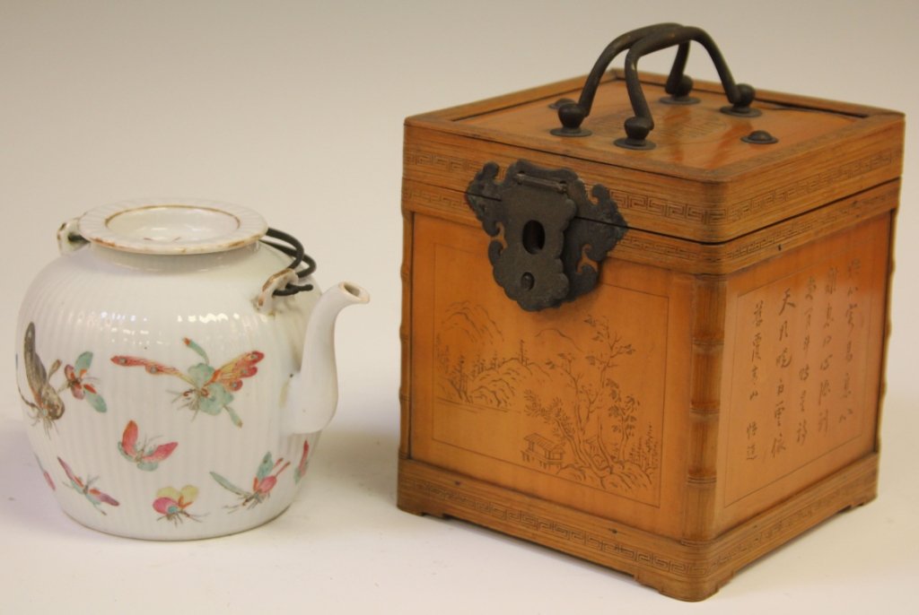 QING DYNASTY PORCELAIN TEAPOT WITH BUTTERFLIES: to be sold with original tea carrying box Height of teapot- 4 3/4"