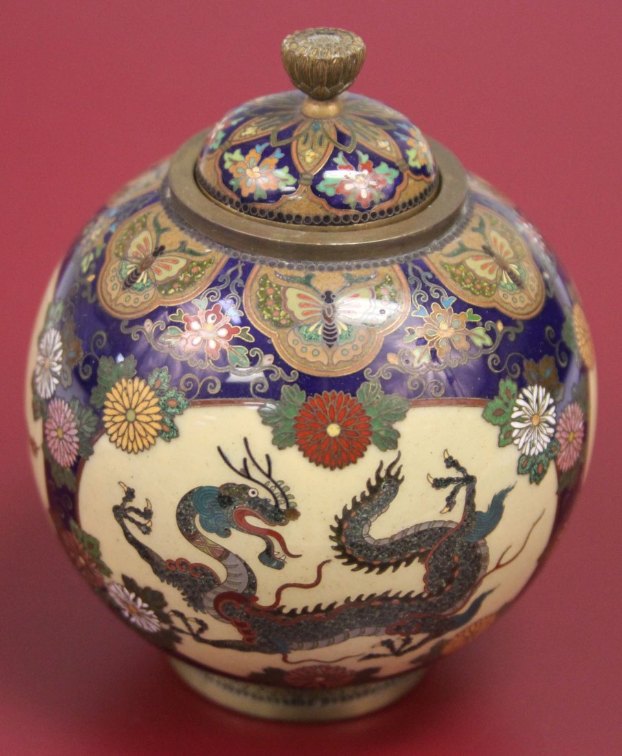 FINE JAPANESE CLOISONNE VESSEL WITH LID: early 20th centuryHeight- 4" Condition- dent on one side