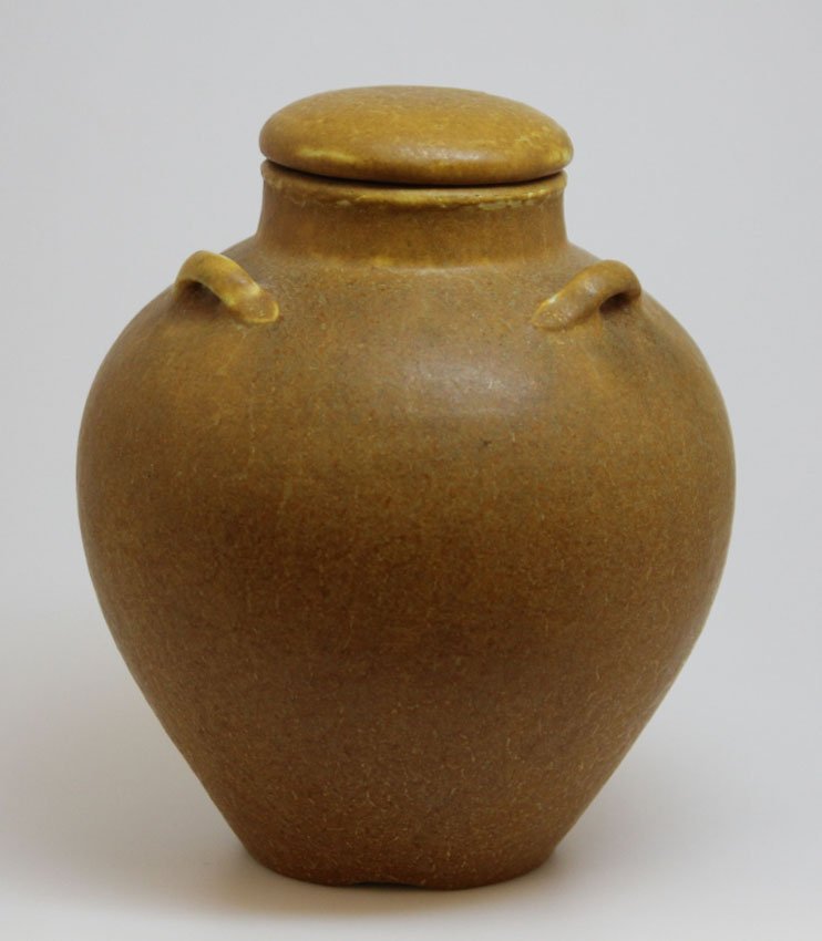 GRUEBY COVERED BULBOUS JAR WITH THREE HANDLES: Height- 6 1/2"