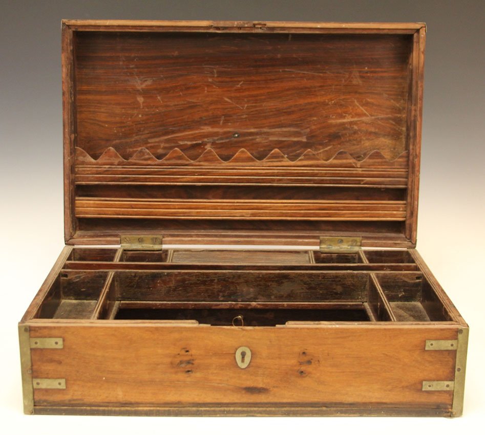 19TH CENTURY MAHOGANY CAMPAIGN DOCUMENT BOX: Length- 20 3/4" Condition- some losses
