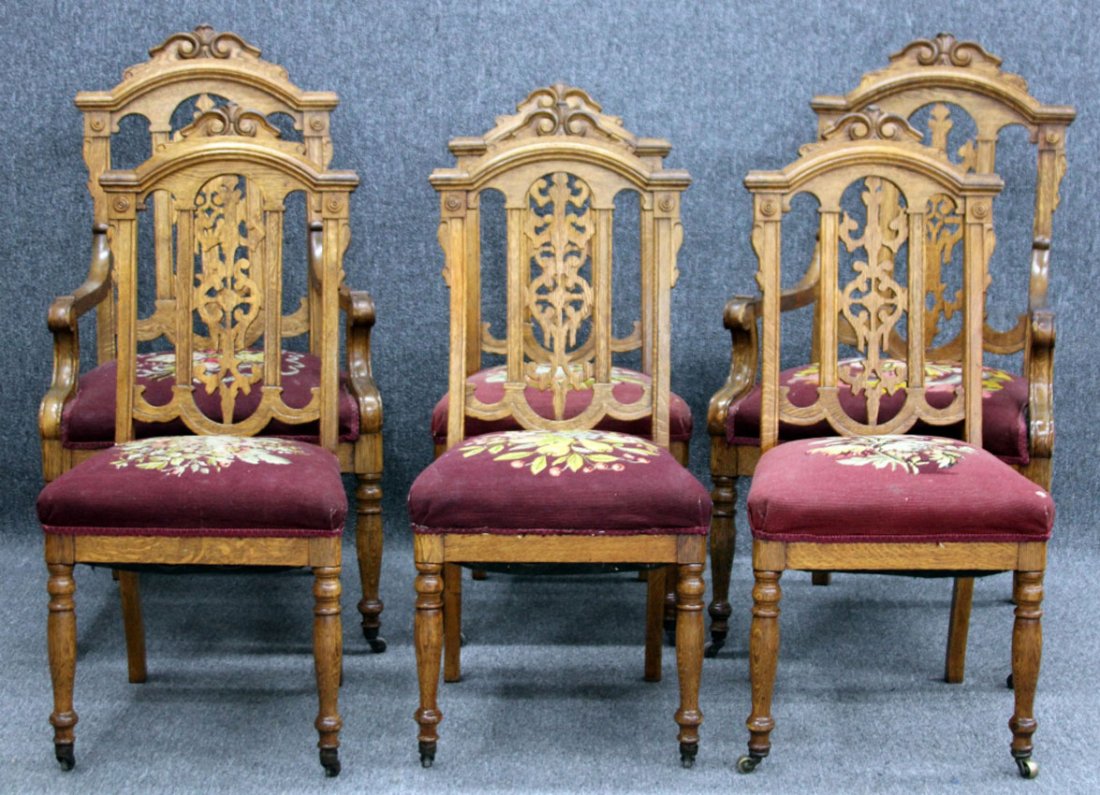 SET OF (6) VICTORIAN CARVED OAK DINING CHAIRS: (2) arms, (4) sides Height- 40", 45"