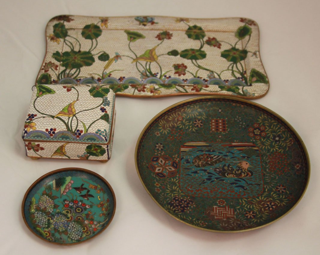 LOT OF (4) VINTAGE CHINESE CLOISONNE: Tray, box Length- 4" - 11"Largest plate- 6 1/2" X 11 1/8"