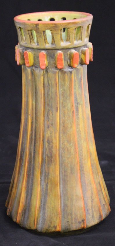 ARTS AND CRAFTS ORANGE AND GREEN HAND THROWN VASE: Height- 14"