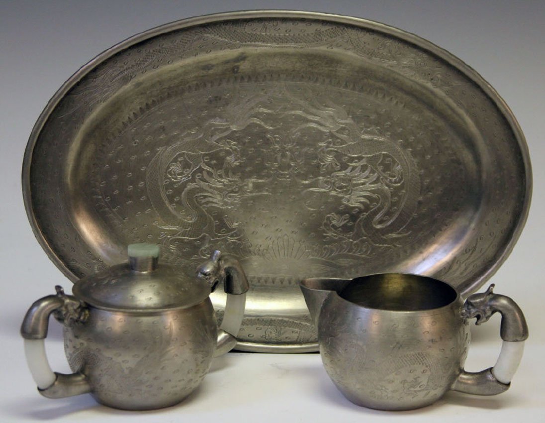 VINTAGE CHINESE PEWTER AND JADE TEA SERVICE SET: to be sold with tray Length of tray- 10 1/4"