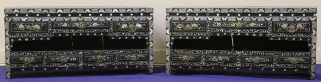 PAIR OF EARLY KOREAN MOTHER OF PEARL INLAID CHEST: Length- 38", Length- 18" Condition- some losses to inlay, sold with glass tops