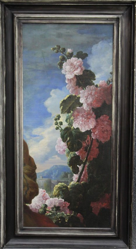 EARLY EUROPEAN, OIL ON BOARD: Still Life with landscape Sight- 15 1/4' x 35 1/2" Overall- 23 1/4" x 43 3/4"