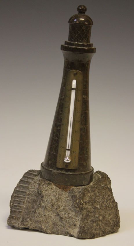 ENGLISH SERPENTINE CARVED LIGHTHOUSE THEROMETER: Height- 10 1/4"