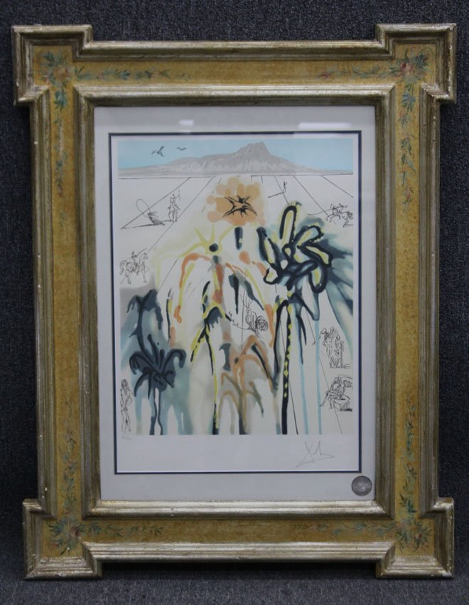 SALVADOR DALI, PENCIL SIGNED: with French country painted frame Sight- 17 3/4" x 22 3/4" Overall- 33 1/2" x 43"