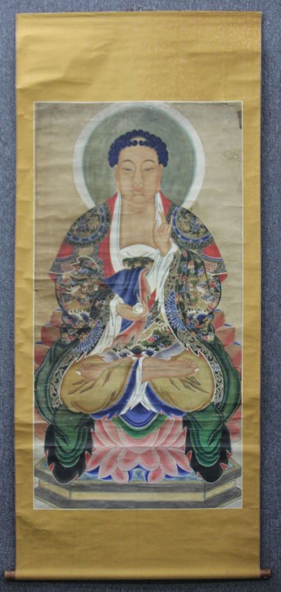 VINTAGE CHINESE PAINTING OF BUDDHA: Sight- 32 1/2" x 62 1/2 Overall length- 85"