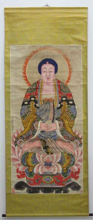 VINTAGE CHINESE PAINTING OF BUDDHA: Sight- 30" x 61" Overall- 85 1/4"