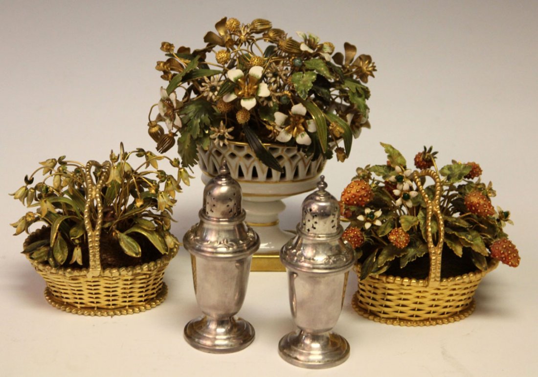 PORCELAIN WITH METAL OVERLAY DECORATIVE BASKETS: and salt and pepper shakers